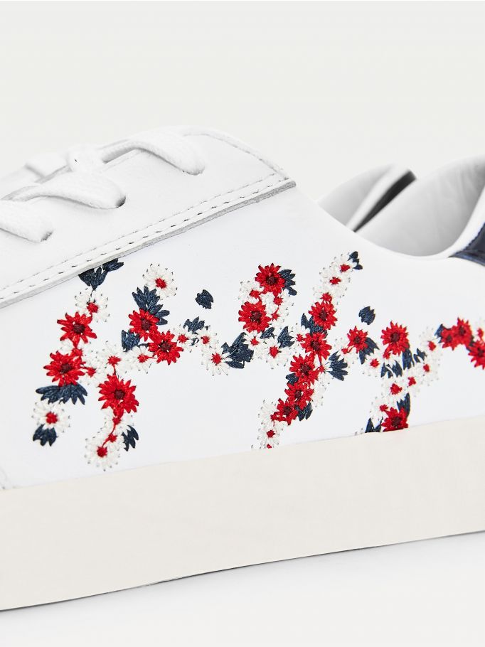 Floral Embroidery Leather Trainers